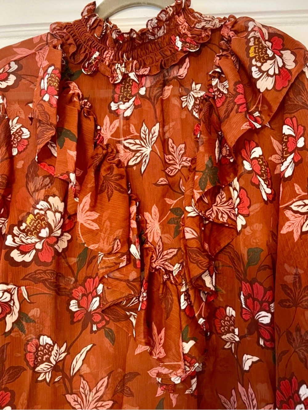 ELOQUII Floral Ruffle Neck Blouse Size 22 Sheer Boho Fall Top - Picture 3 of 10